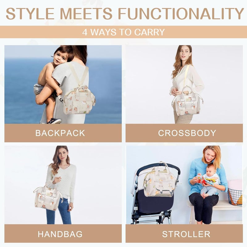 Mozzilog Small Diaper Bag Crossbody, Convertible 4 in 1 Compact Baby Bag for Mom, Mini Travel Mommy Tote w/Shoulder for Stroller,Toddler Daiper Backpack with Insulated Pockets (Off White Animal) - Image 2
